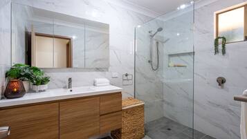 Shower, hair dryer, towels