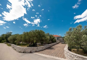 A stone-walled pathway leading to a stone building with a red-tiled roof, surrounded by olive trees and a clear blue sky. - Holiday home mit Pool und Terrasse (Vela Luka)