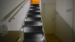 Una escalera con peldaños alfombrados que lleva a una puerta.