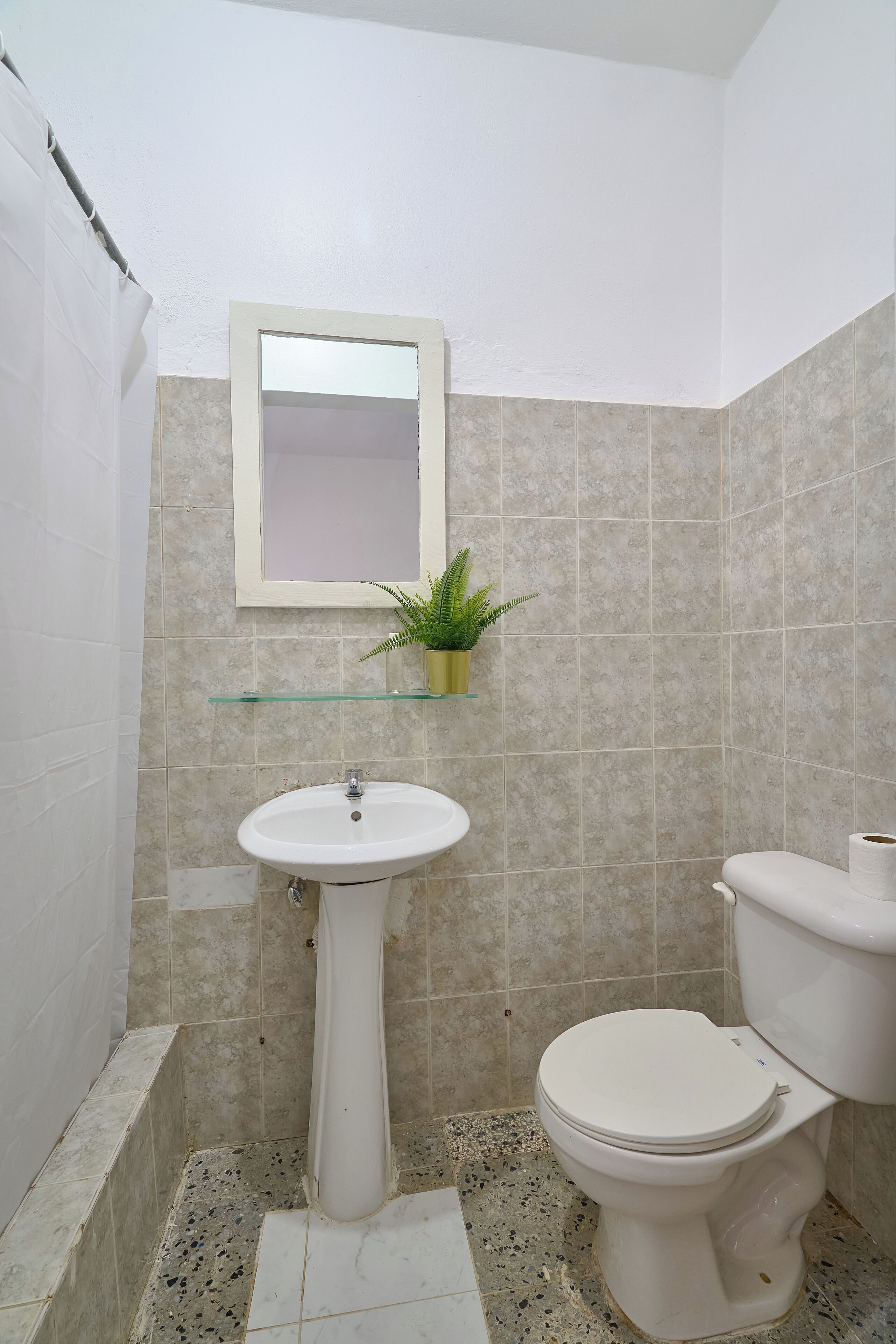 A bathroom with a pedestal sink, a toilet, and a mirror above the sink.