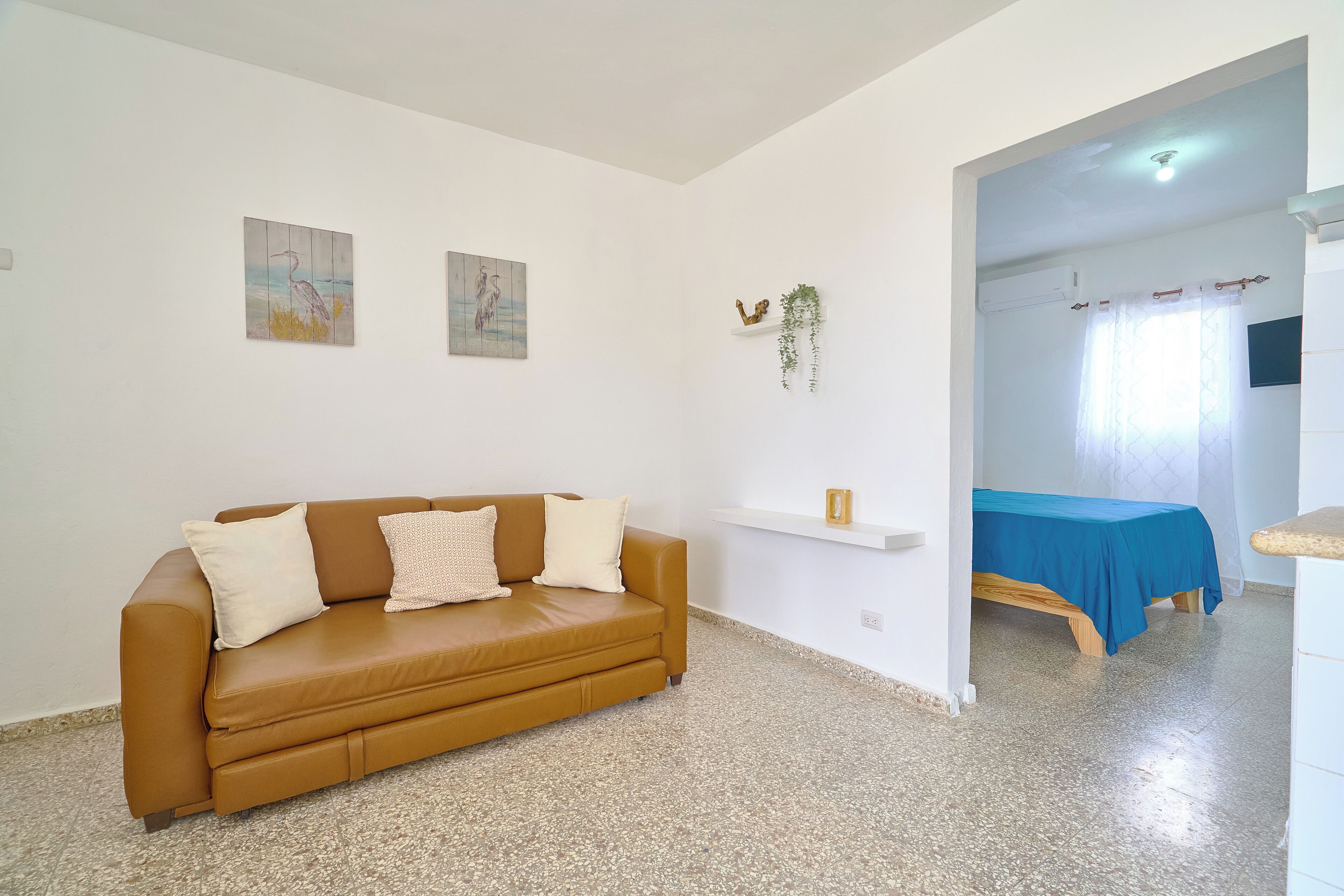 Una habitación con un sofá de cuero marrón, una cama con cubrecama azul, un estante blanco con una planta pequeña y dos obras de arte colgadas en la pared.