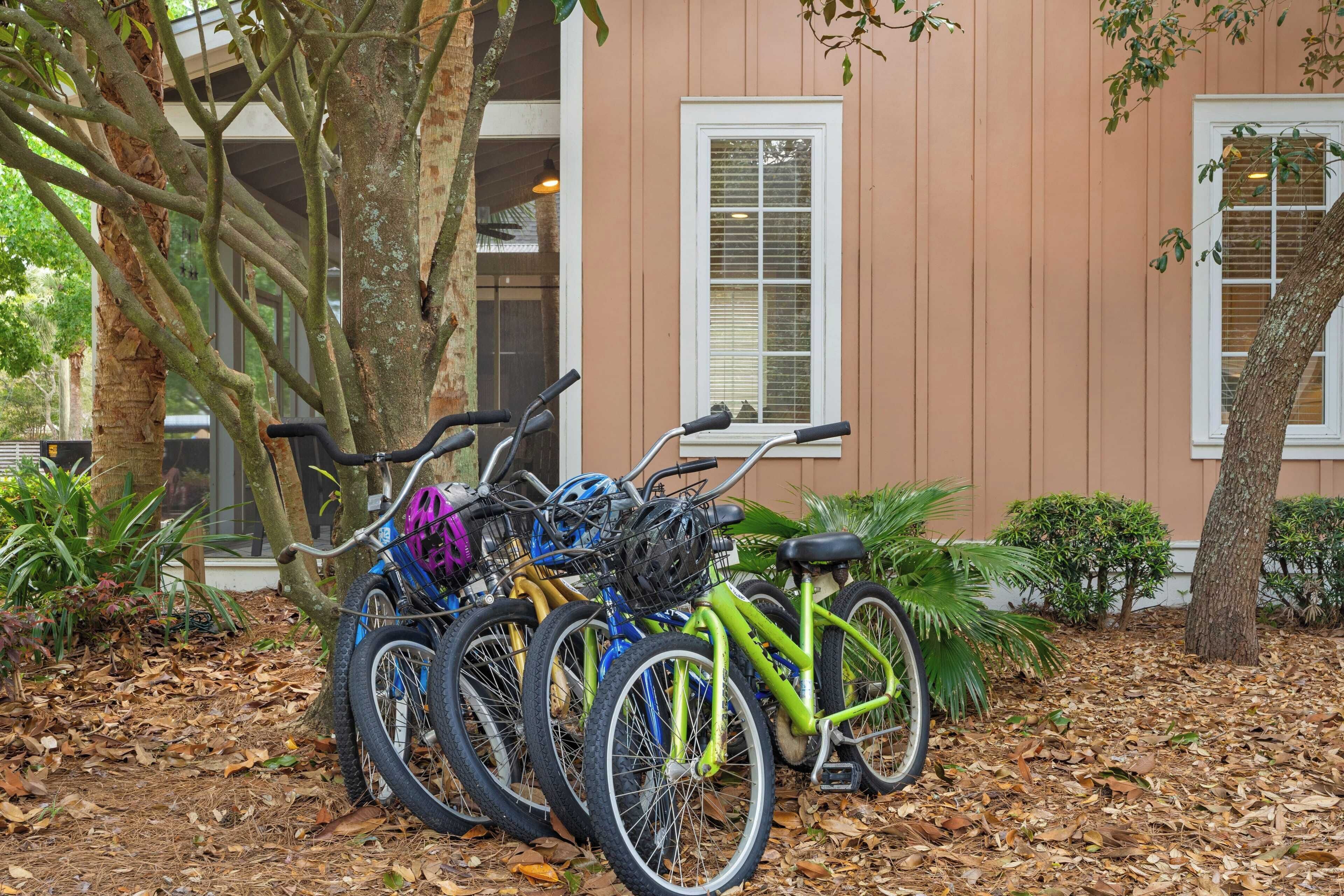 Bicycles parked in front of a building with a window and a tree.