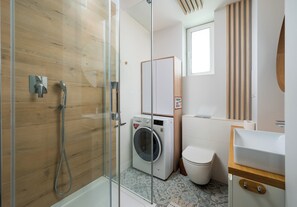 Shower, hair dryer, towels