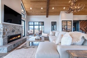 Smart TV, fireplace, books, stereo