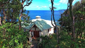 A house with a green roof, surrounded by lush greenery and overlooking a clear blue sea. - Spectacular Private Ocean-Front Estate-Villa & Cottage (Wesley)