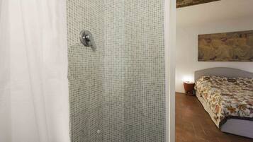 Shower, hair dryer, towels, shampoo