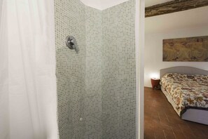 Shower, hair dryer, towels, shampoo