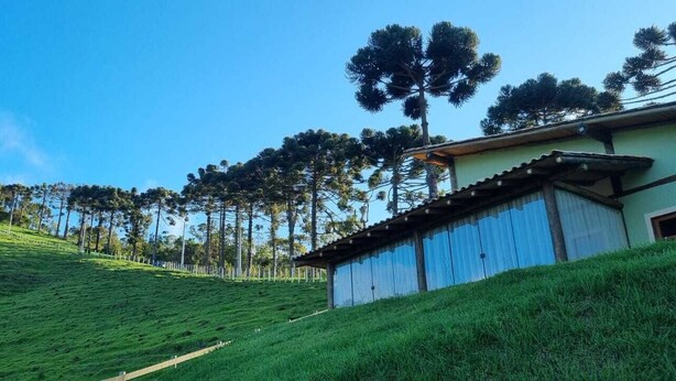 A hillside with a building featuring a corrugated metal roof and a wooden fence. - The Green House of Cunha (Sao Paulo)