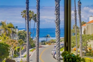 A coastal street lined with palm trees and parked cars, leading to the ocean.