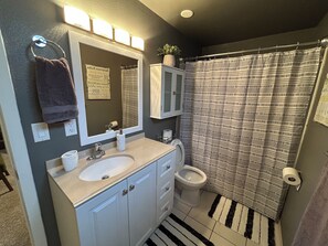 A bathroom with a sink, mirror, towel rack, toilet, and shower curtain. - Quaint 3-bedroom house with AC, WiFi in delightful Lewiston (Lewiston)