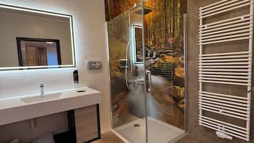 Family Double Room | Bathroom | Shower, hair dryer, towels, shampoo