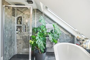 Hair dryer, towels, soap, toilet paper