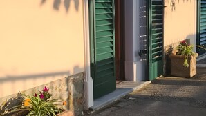 Un bâtiment avec des volets verts, une porte et un petit jardinier avec des fleurs.