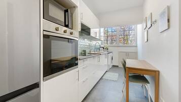 Coffee/tea maker, fridge, microwave, oven