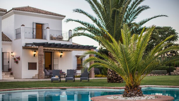 A pool with a palm tree, a white house with a balcony, and outdoor furniture. - Villa 'El Arroyo Ronda' with Mountain View, Wi-Fi and Air Conditioning (Ronda)