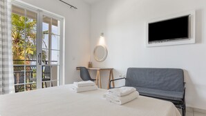Een hotelkamer met een bed, een bureau, een stoel, een televisie en een balkon met planten.