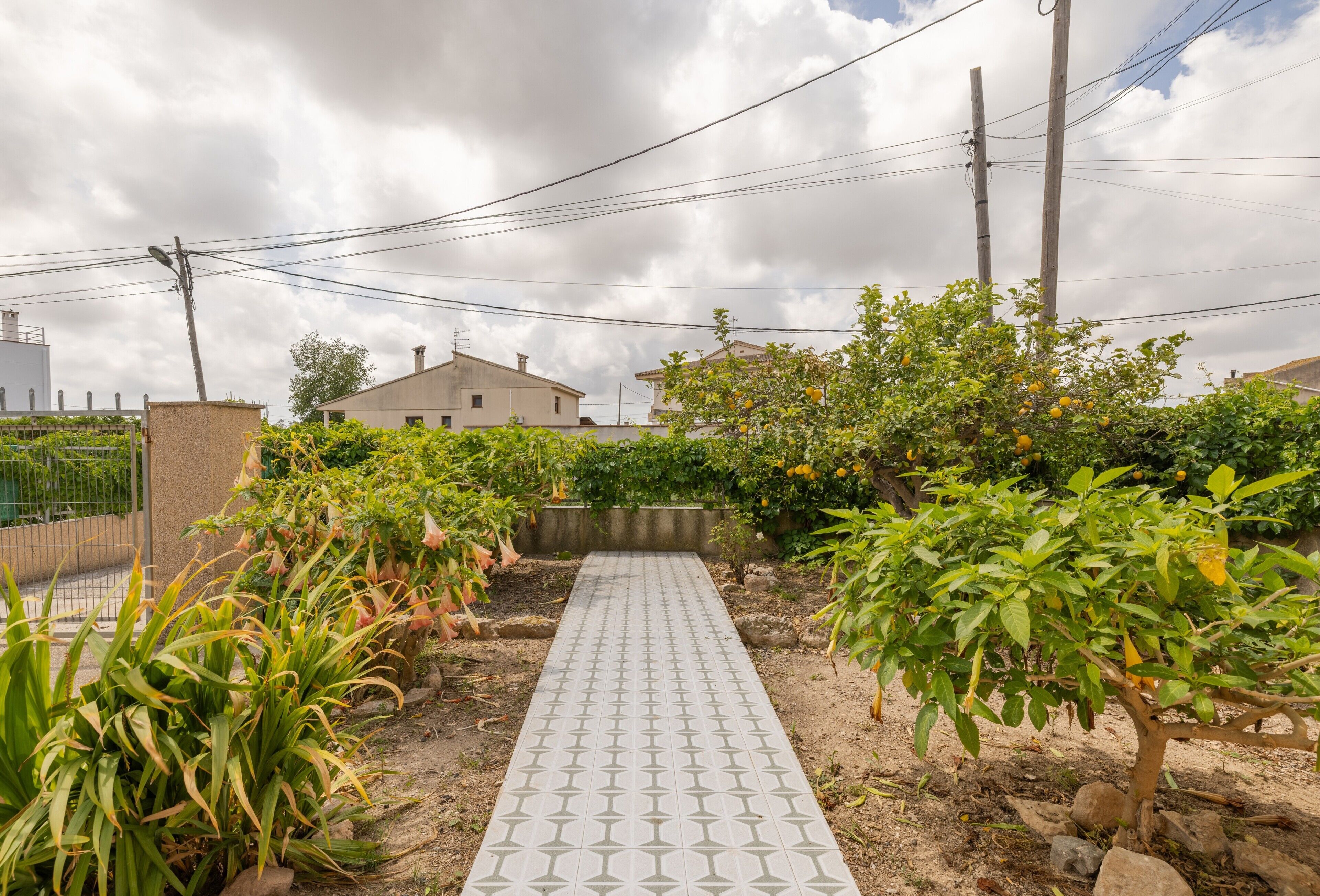 Un camí pavimentat que condueix a una casa amb jardí, envoltat per pals de serveis i línies elèctriques.