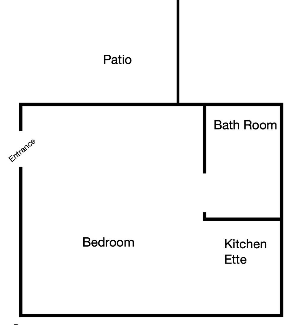 Un plan d’étage comprenant un patio, une entrée, une chambre, une salle de bain et une kitchenette.