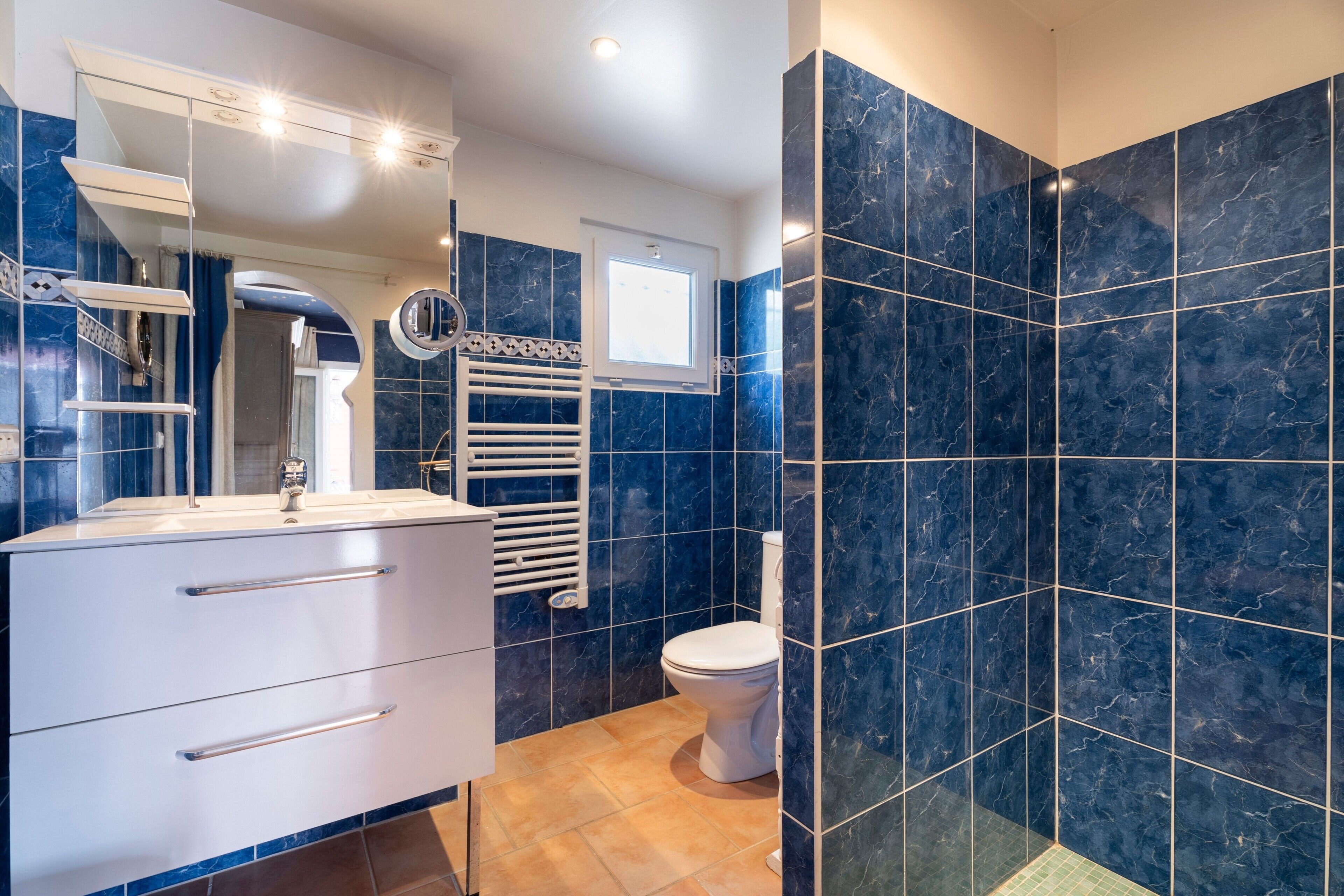 A bathroom with a white vanity, a toilet, a shower area, and a mirror.