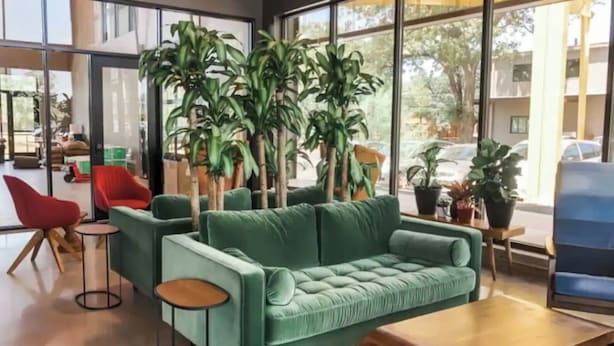 Un espace de détente moderne avec un canapé vert, des fauteuils rouges et une table basse en bois. De grandes fenêtres laissent entrer la lumière naturelle et offrent une vue sur l’extérieur.