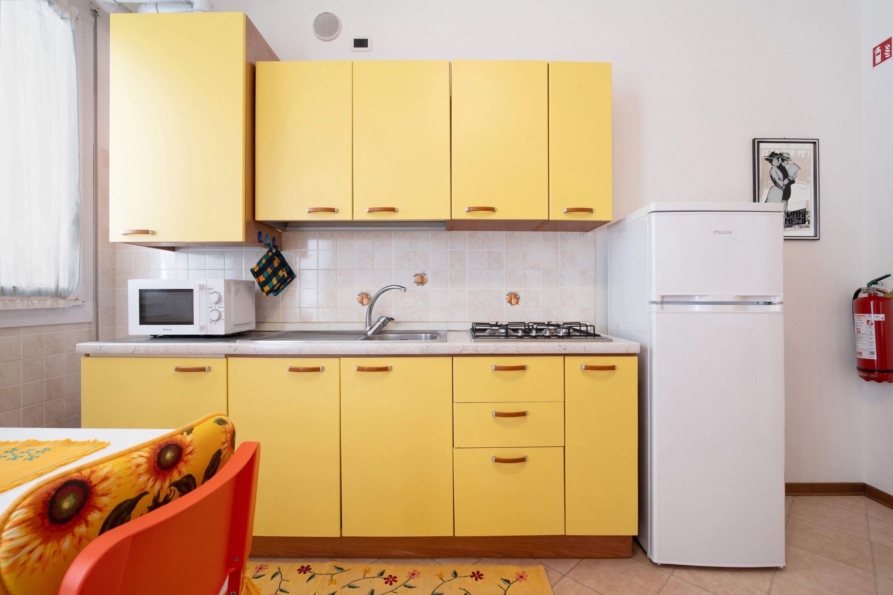 Fridge, microwave, stovetop, cookware/dishes/utensils