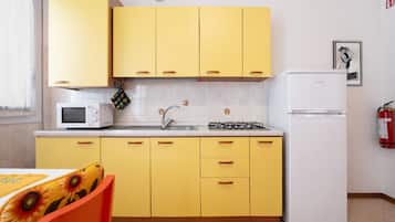 Fridge, microwave, stovetop, cookware/dishes/utensils