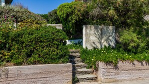 A stone staircase leading up a hill, surrounded by greenery and a concrete wall.