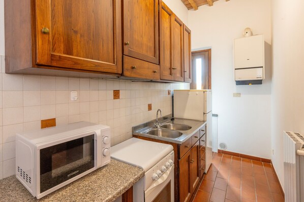 Kühlschrank, Mikrowelle, Herdplatte, Kochgeschirr/Geschirr/Besteck