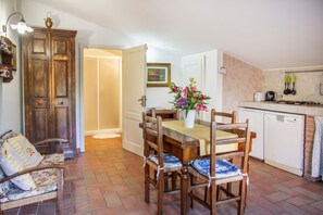 Un coin repas avec une table et des chaises en bois, une plante en pot et une cuisine en arrière-plan.