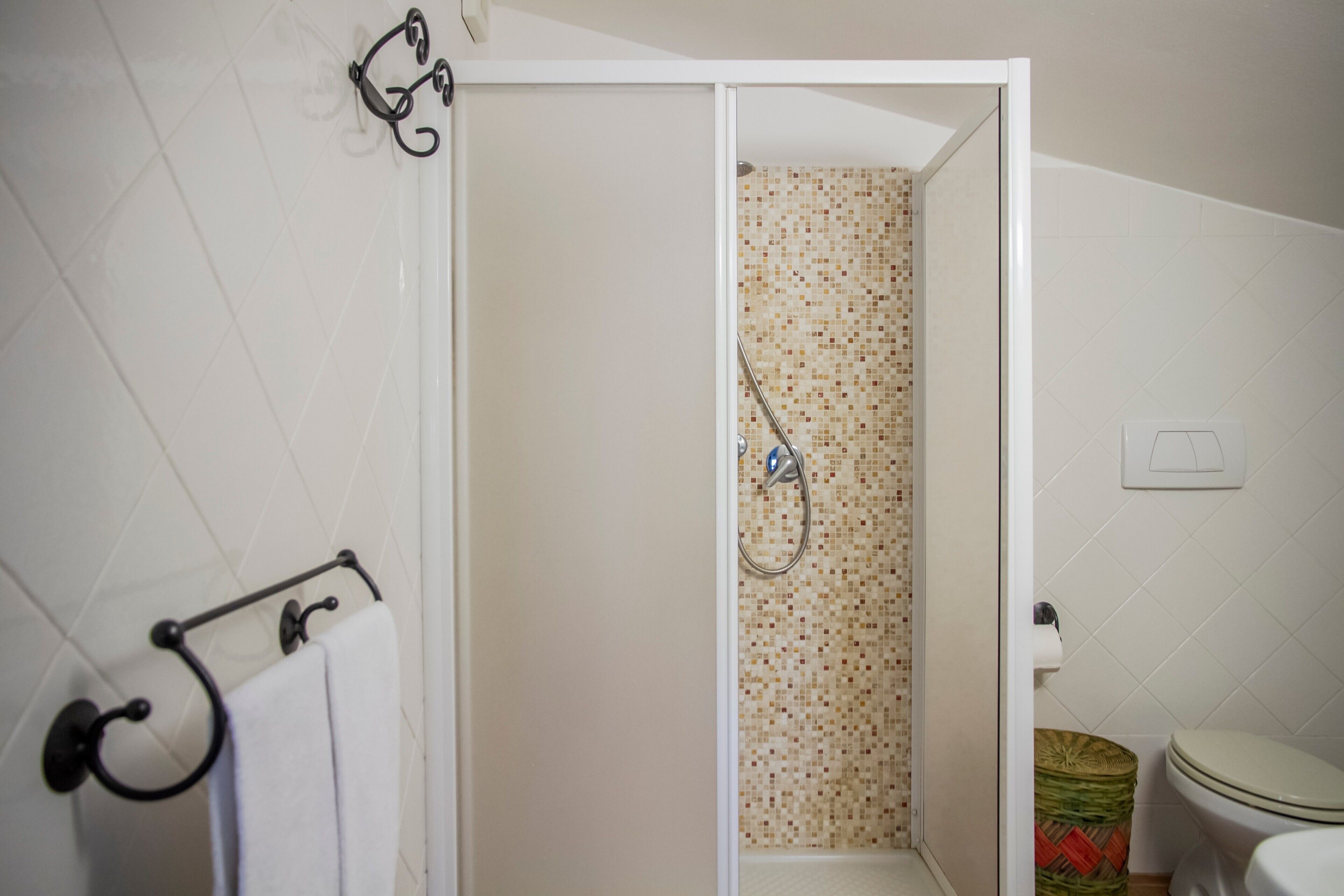A bathroom with a shower, toilet, and a towel rack.