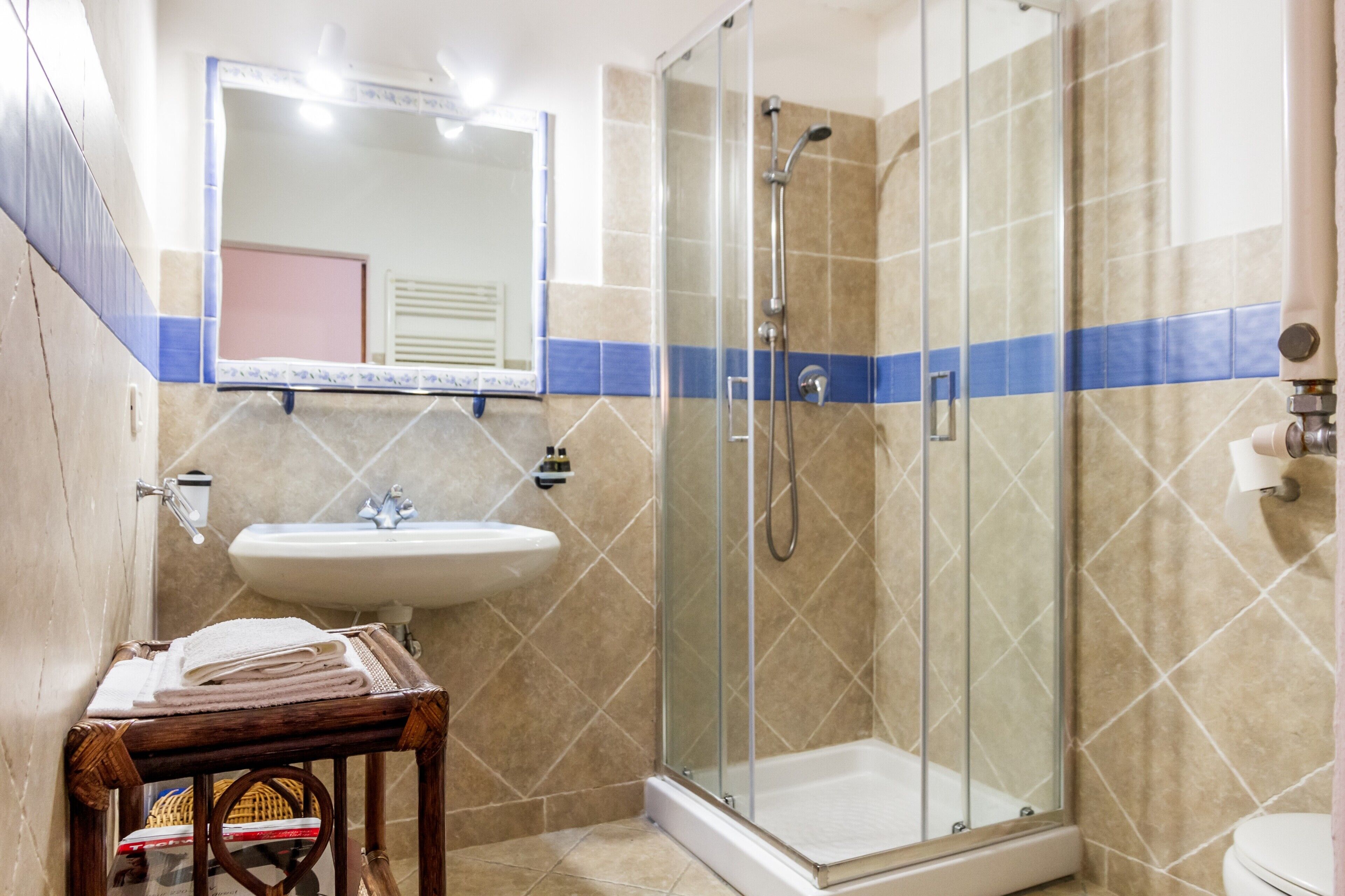 A bathroom with a glass-enclosed shower, a sink, and a mirror above it.