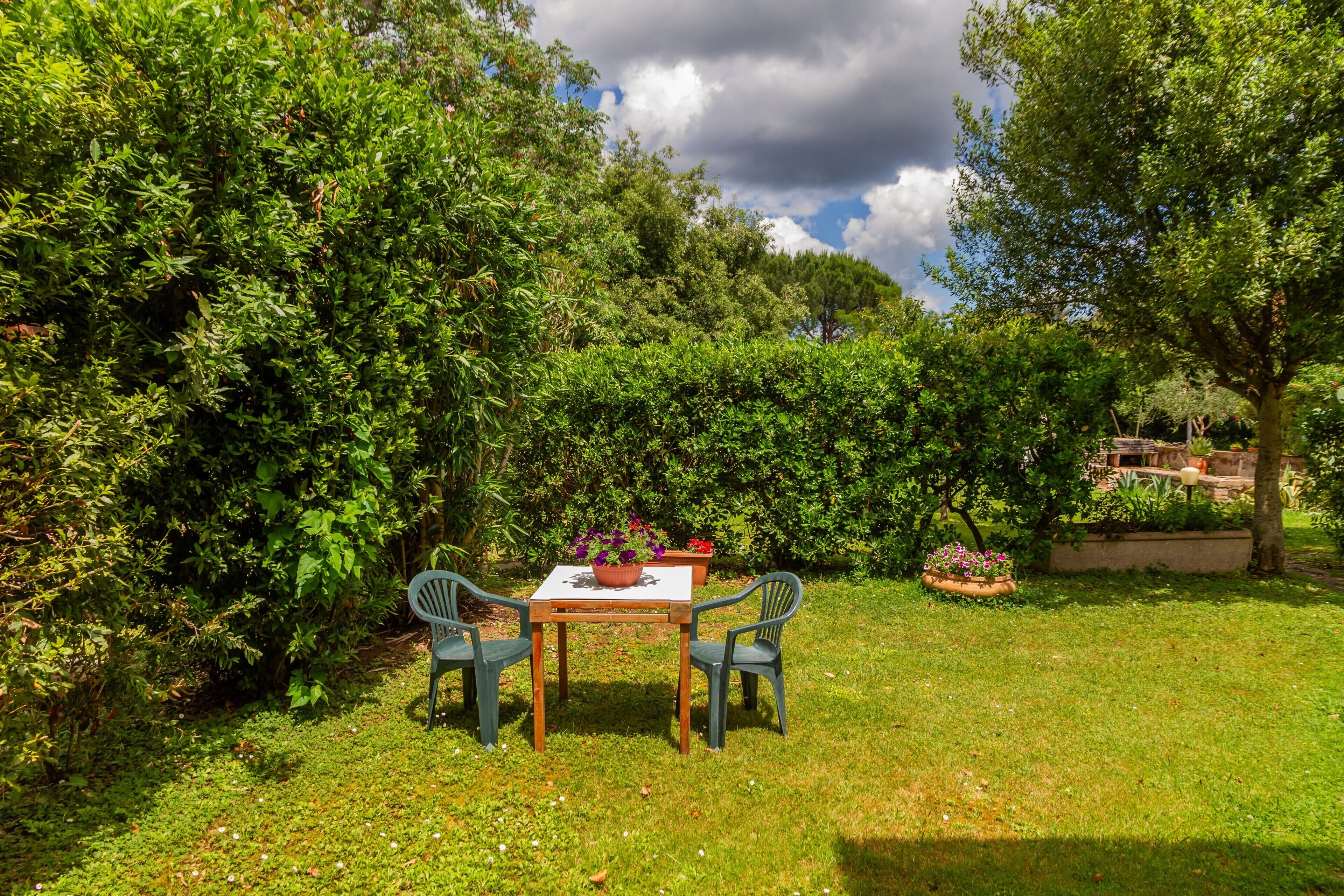 Un jardin avec une table et des chaises, entouré d’un feuillage dense et sous un ciel dégagé.