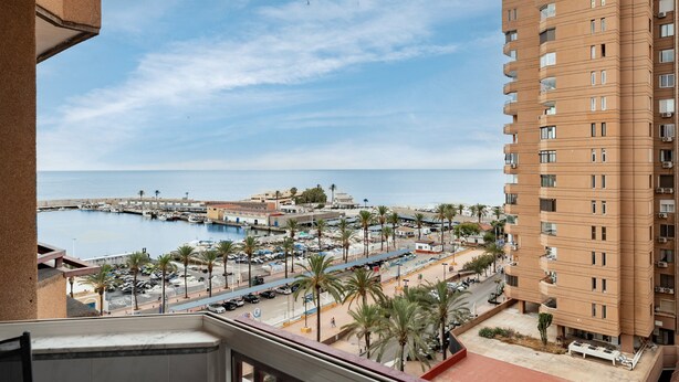 Un edificio alto con vista a un puerto deportivo y palmeras.