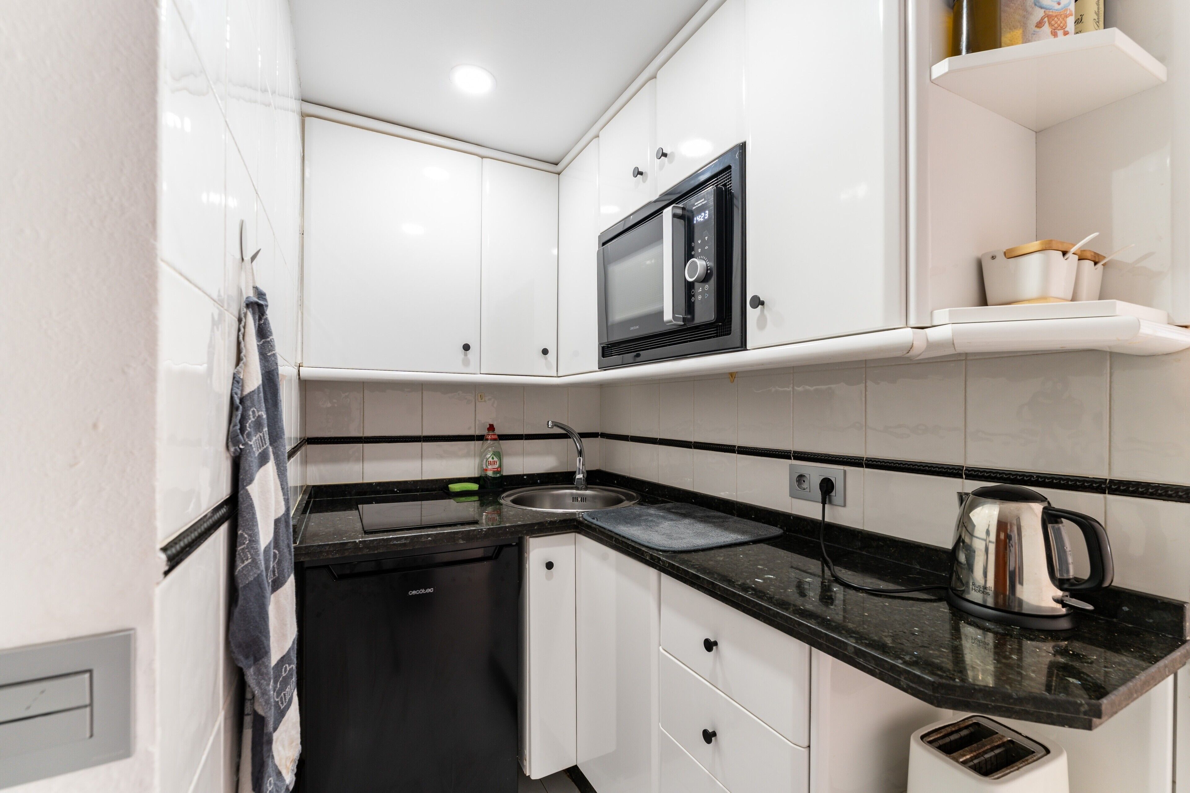 Fridge, microwave, stovetop, electric kettle