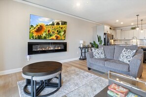 TV connectée, cheminée, livres
