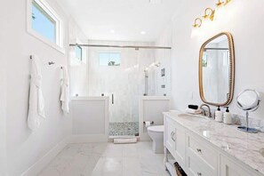 Shower, hair dryer, shampoo