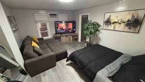 A modern living room with a sofa, a bed, a TV, and a plant. - Charming 1-bedroom house in adorable Elizabeth with AC, WiFi (Elizabeth)