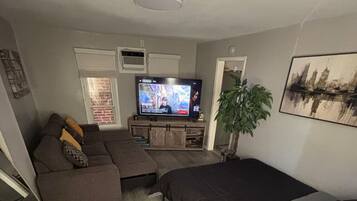 Un ambiente compatto con un divano, un letto, una TV e una pianta.