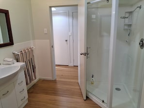 Shower, hair dryer, towels, soap
