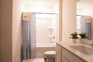 Hair dryer, towels, soap, toilet paper