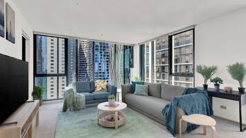 Deluxe Apartment, 3 Bedrooms, Balcony, City View | Living area