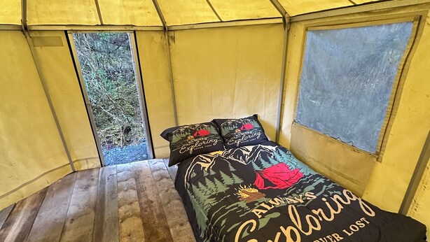 A tent with a bed featuring a 'Exploring' themed bedspread, wooden flooring, and a view of trees through the entrance. -  1-room yurt in Seward (Seward)