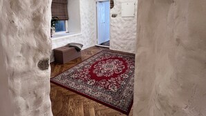 A room with a herringbone wooden floor, a red patterned rug, and white walls with stone-like textures.