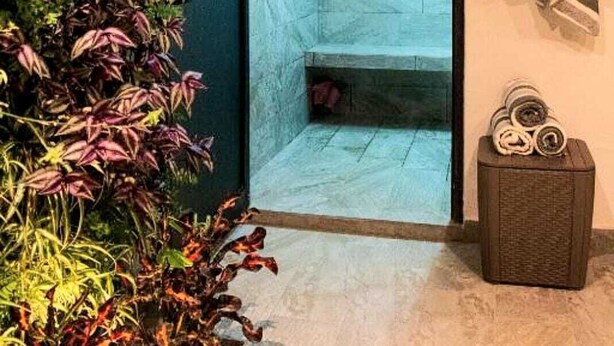 A bathroom with a shower, a towel rack, and a small plant. - Casa Love Us (Tequisquiapan)