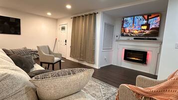 Smart TV, fireplace, books, stereo