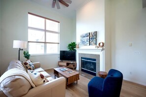 スマートテレビ、暖炉、書庫