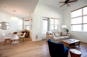 Smart TV, fireplace, books