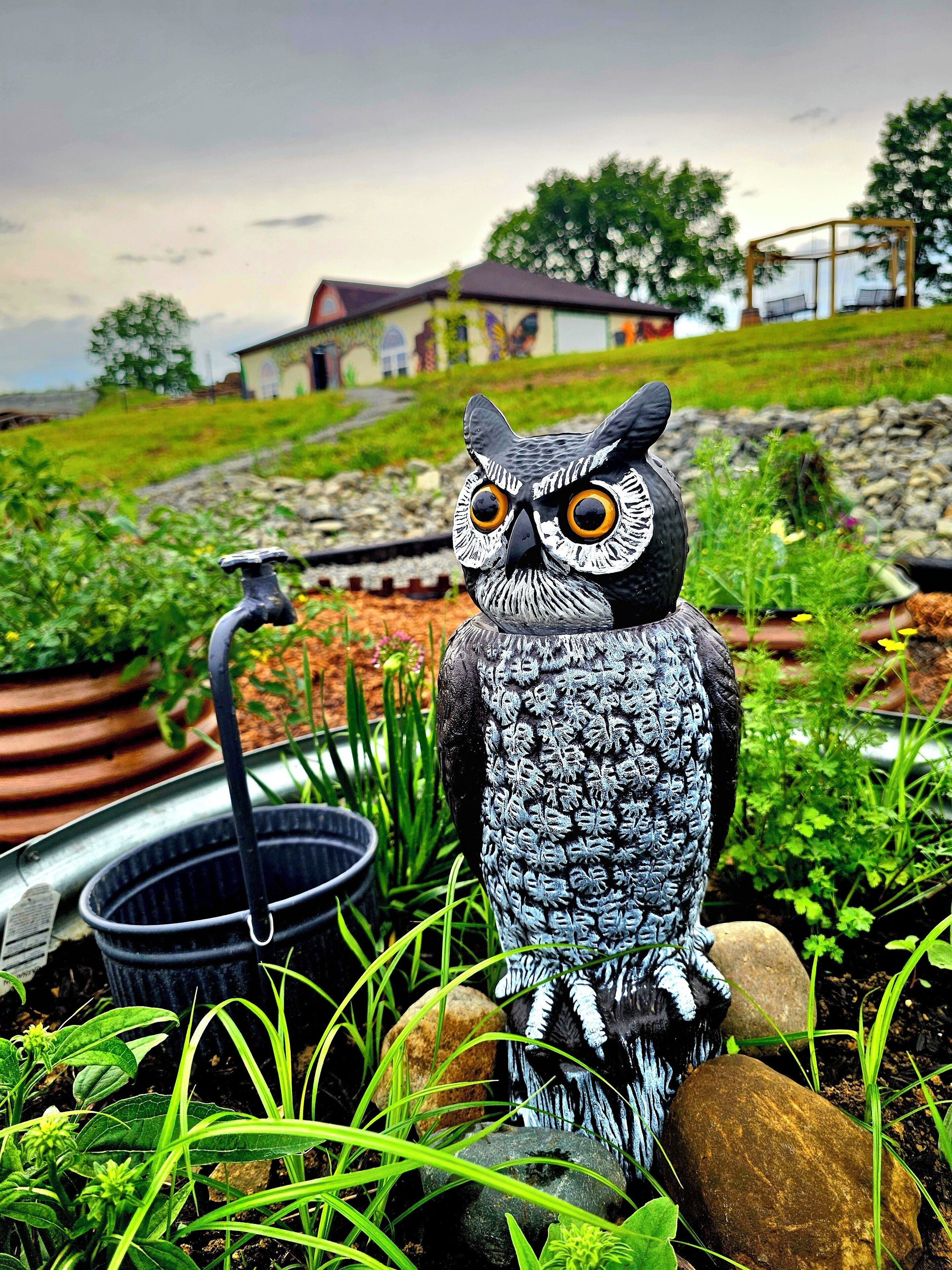 A garden statue of an owl with a water fountain in the foreground.