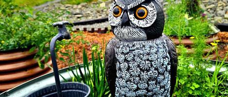 A garden statue of an owl with a water fountain in the foreground.