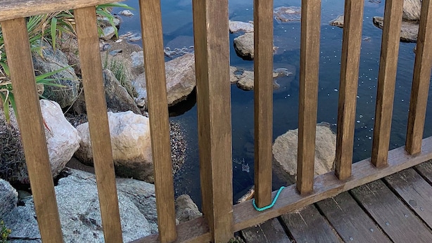 Une terrasse en bois donnant sur un rivage rocheux et offrant une vue sur la mer.